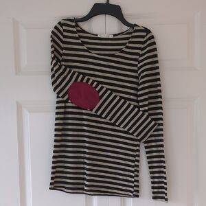 Madewell Black & Cream Striped Long-Sleeve Top with Pink Elbow Patch